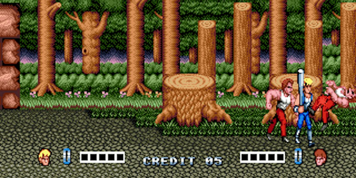 double dragon gameplay fighting in woods with tree stump