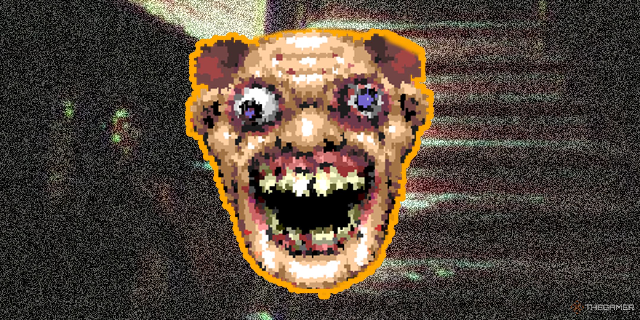 A grotesque screaming face is seen front and center above grainy footage of a home interior.