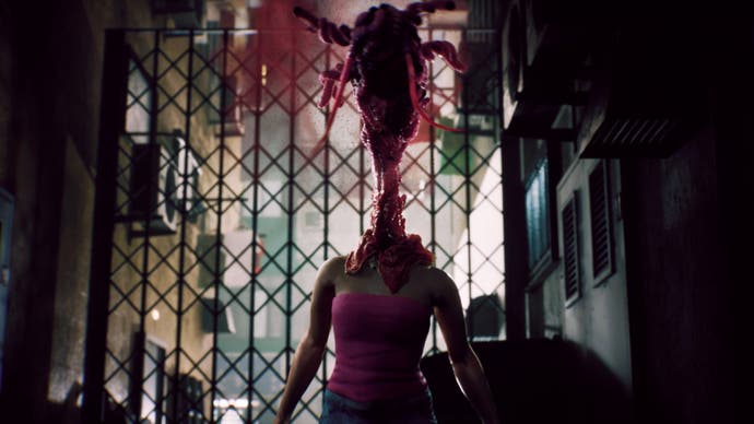 A screenshot from Slitterhead showing part of a cinematic. It's a woman in a pink tube top from the neck down, but where her head should be is a meaty, sinewy throat and a red mass of flesh and appendages.