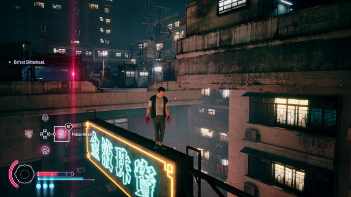 A screenshot from Slitterhead showing a human balanced on a high rooftop neon sign. To the left of the screen, a pinky-red light glows, signifying the presence of a runaway Slitterhead.