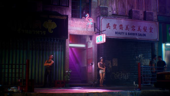 A screenshot from Slitterhead showing part of a cut-scene. Bathed in pink neon light, you can see four people standing on the street. Only one looks of interest to us; she's standing outside a door with "Flamingo Massage" in neon lights above the entry.