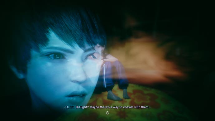 A screenshot from Slitterhead showing the "inter-missions" section where Hyoki can converse with the human Rarities he encounters. This is Julee. Highly stylised, it shows Julee sat on the ground, knees pulled against her, whilst a blue-hued close-up of her face is superimposed on top. She is saying: "R-Right? Maybe there's a way to coexist with them…"