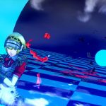 Persona 3 Reload Episode Aigis screenshot showing Aigis, a young woman with short blonde hair, standing against a tiled blue backdrop