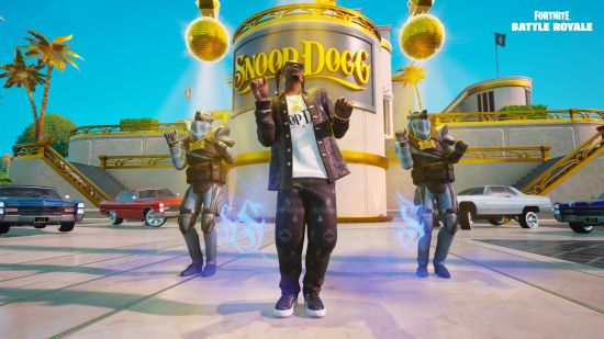 New Fortnite Mythic weapons: Snoop Dogg dances in front of the Doggpound in Fortnite.