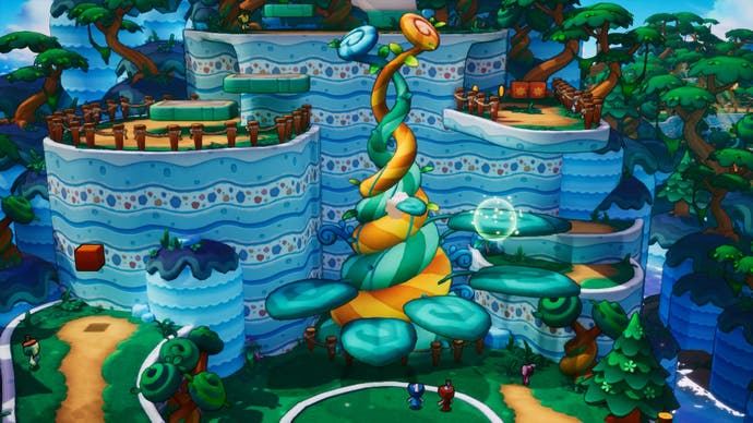 A new island has multiple tiers of land and a threaded root reaching up in this screen from Mario & Luigi: Brothership.