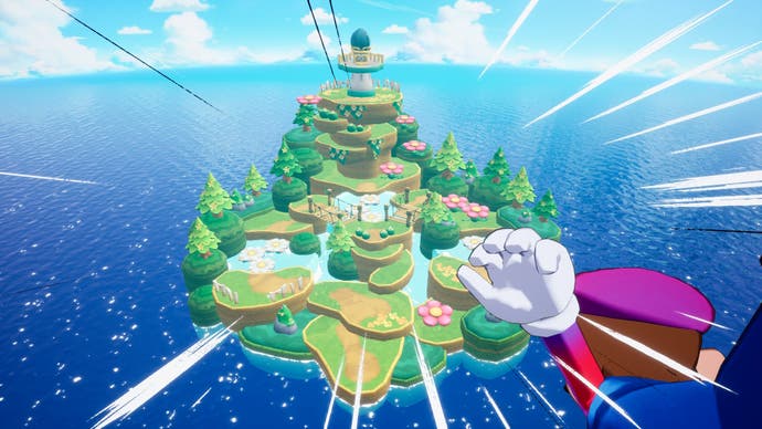 Mario flies towards a new island in this screen from Mario & Luigi: Brothership.