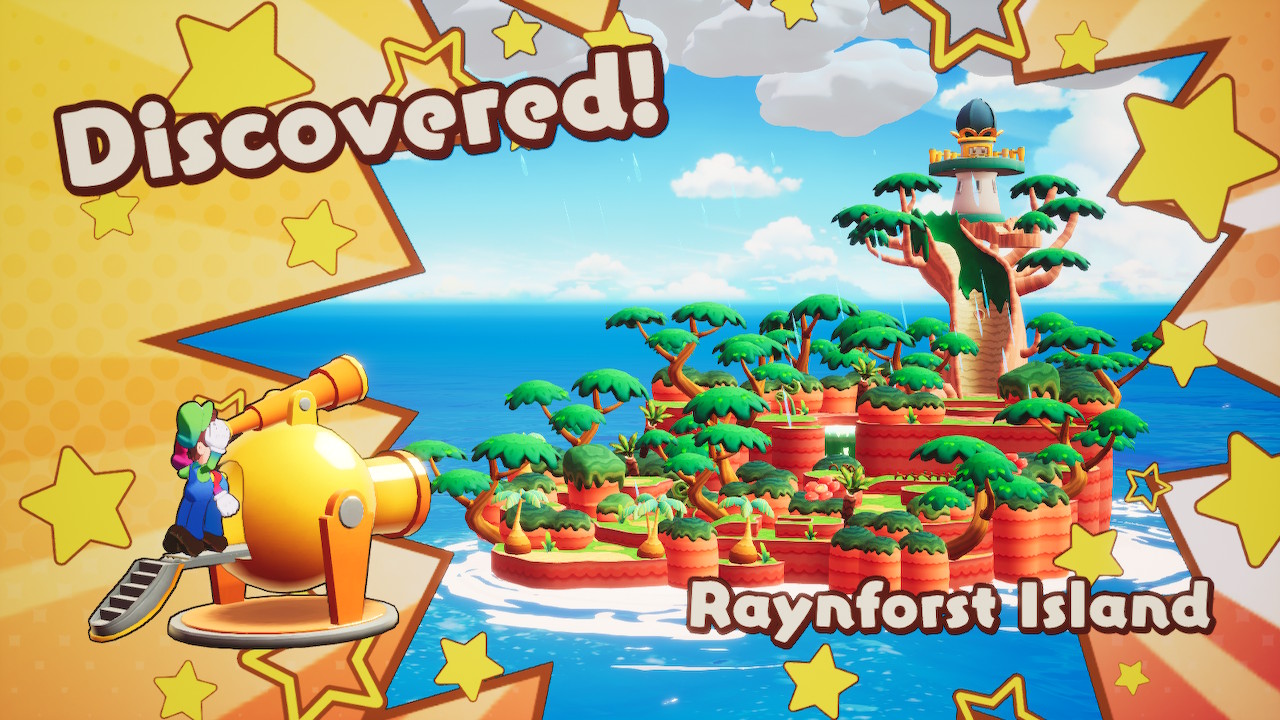 The brothers in Mario & Luigi: Brothership discover Raynforest Island with their telescope