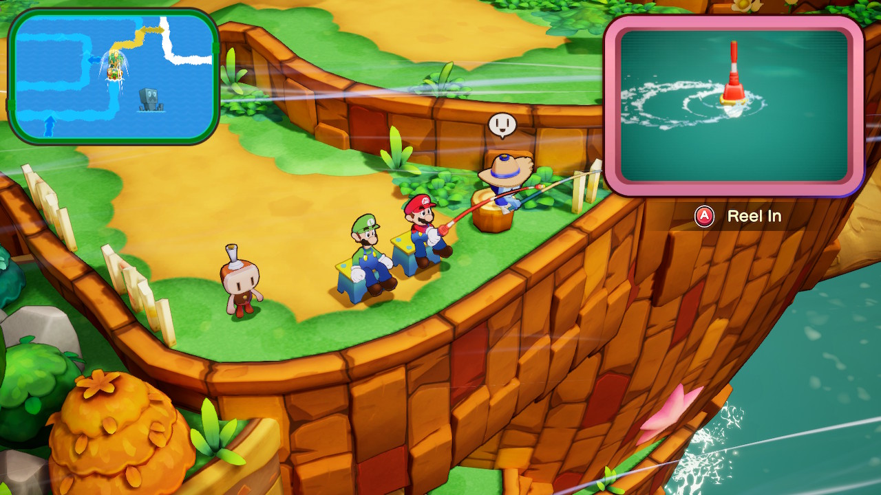 The brothers in Mario & Luigi: Brothership sit and fish together