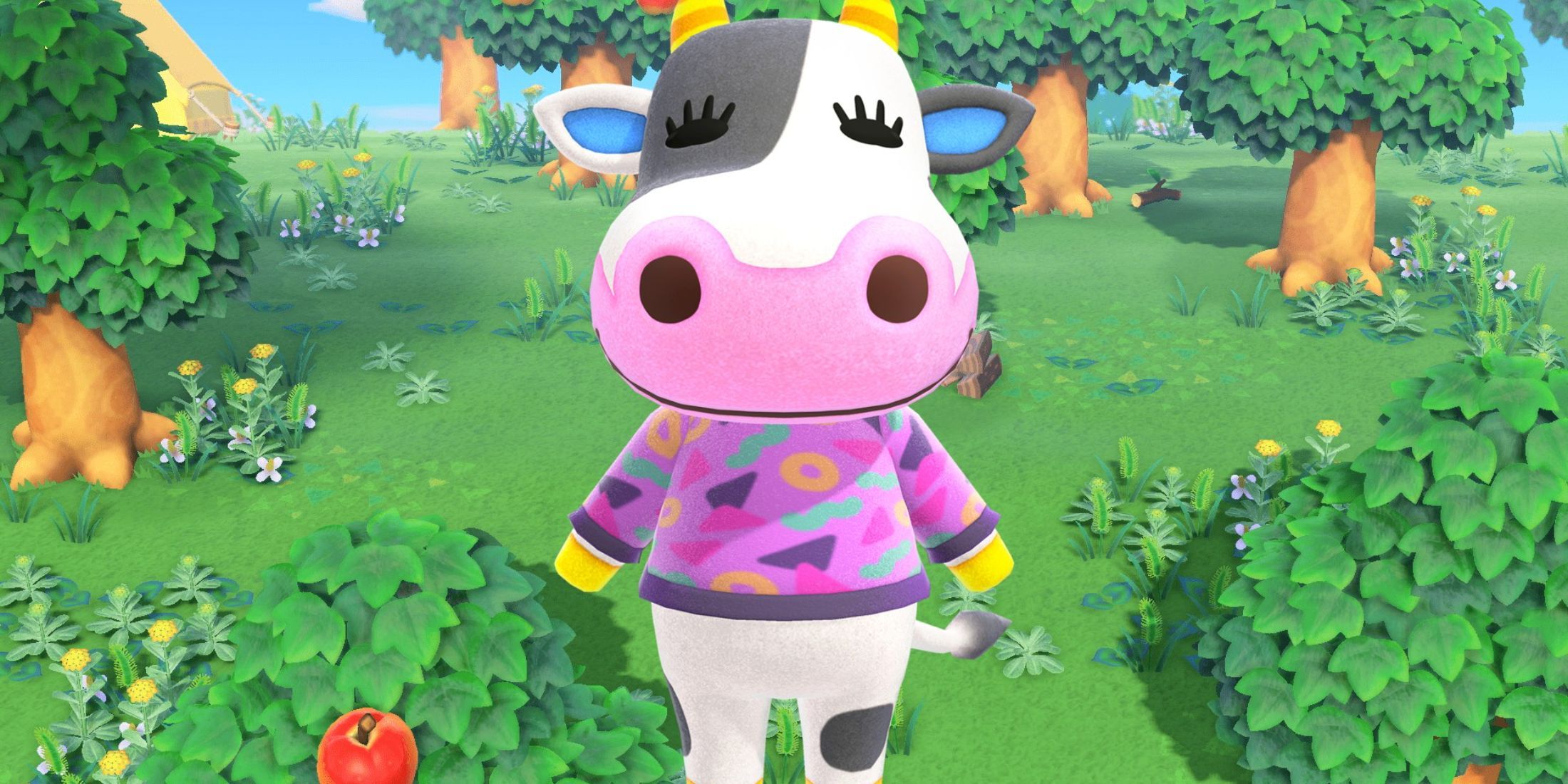 Animal Crossing's Tipper the cow with a funky sweater on