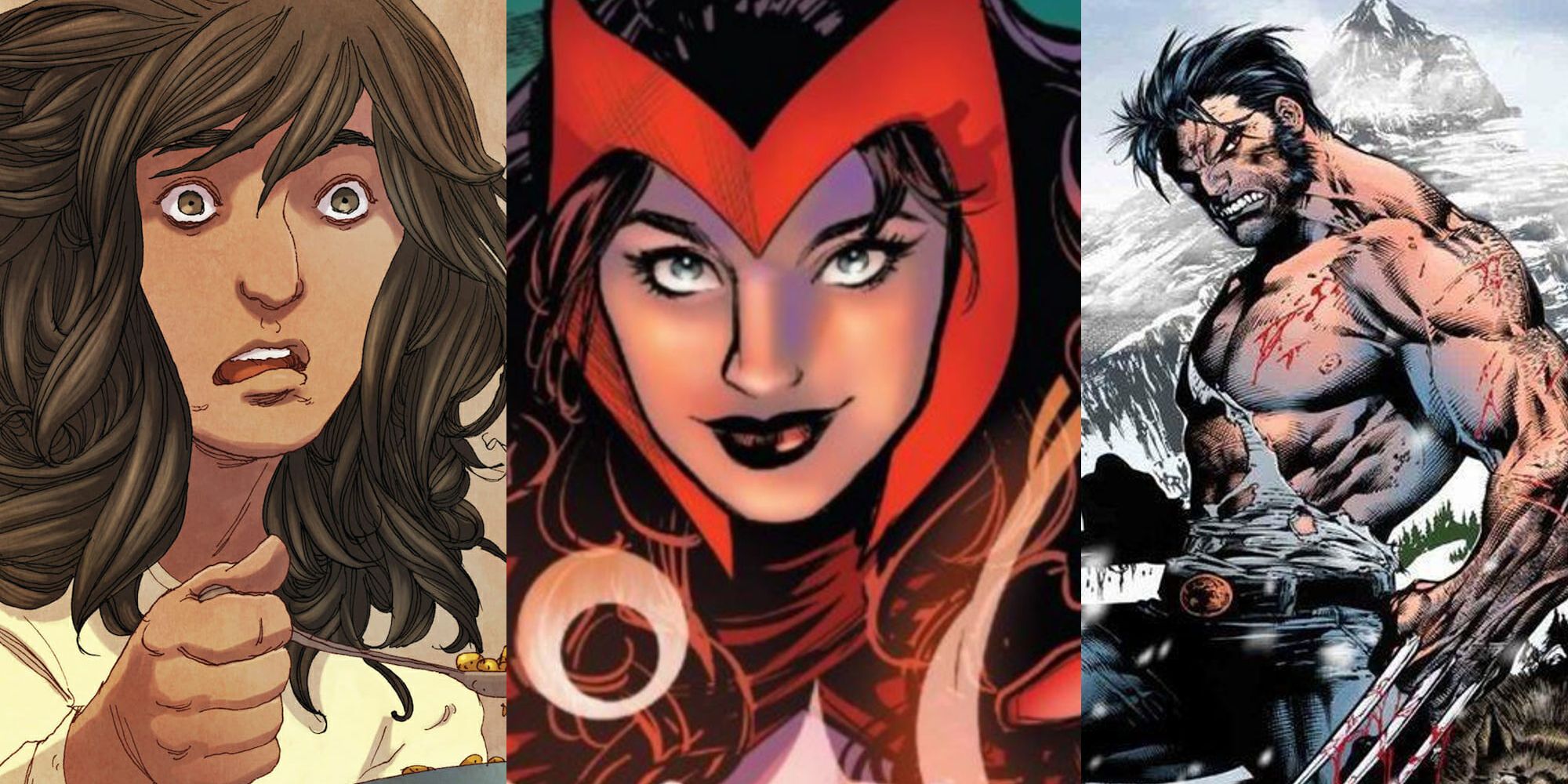 Kamala Khan eating cereal with ruffled hair; Wanda Maximoff smiling in her Scarlet Witch attire; Logan with claws out, bleeding after a fight in the snow