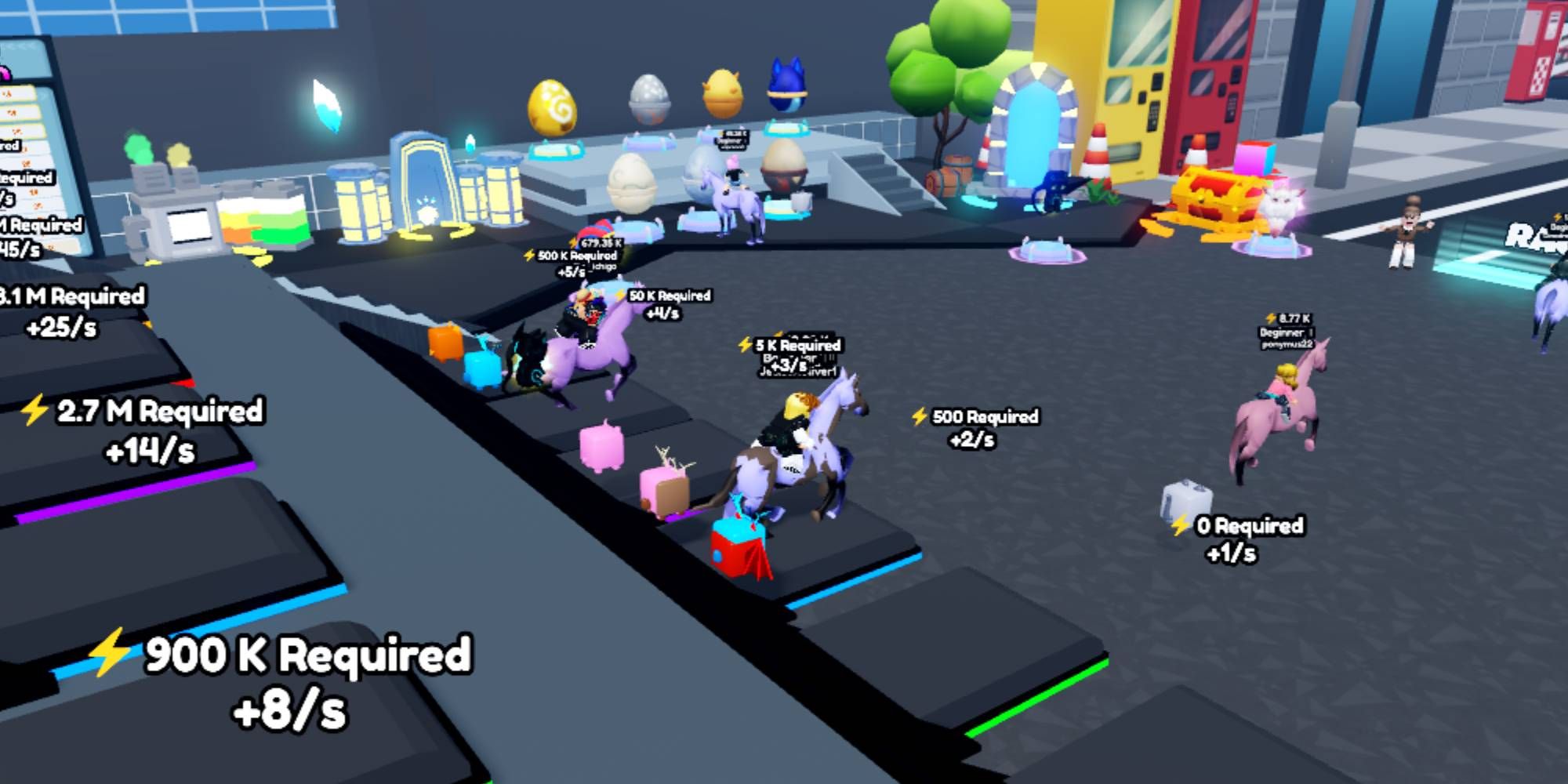 Horse Race Simulator training on a treadmill in the hub world, portals, eggs, trees, race track-1