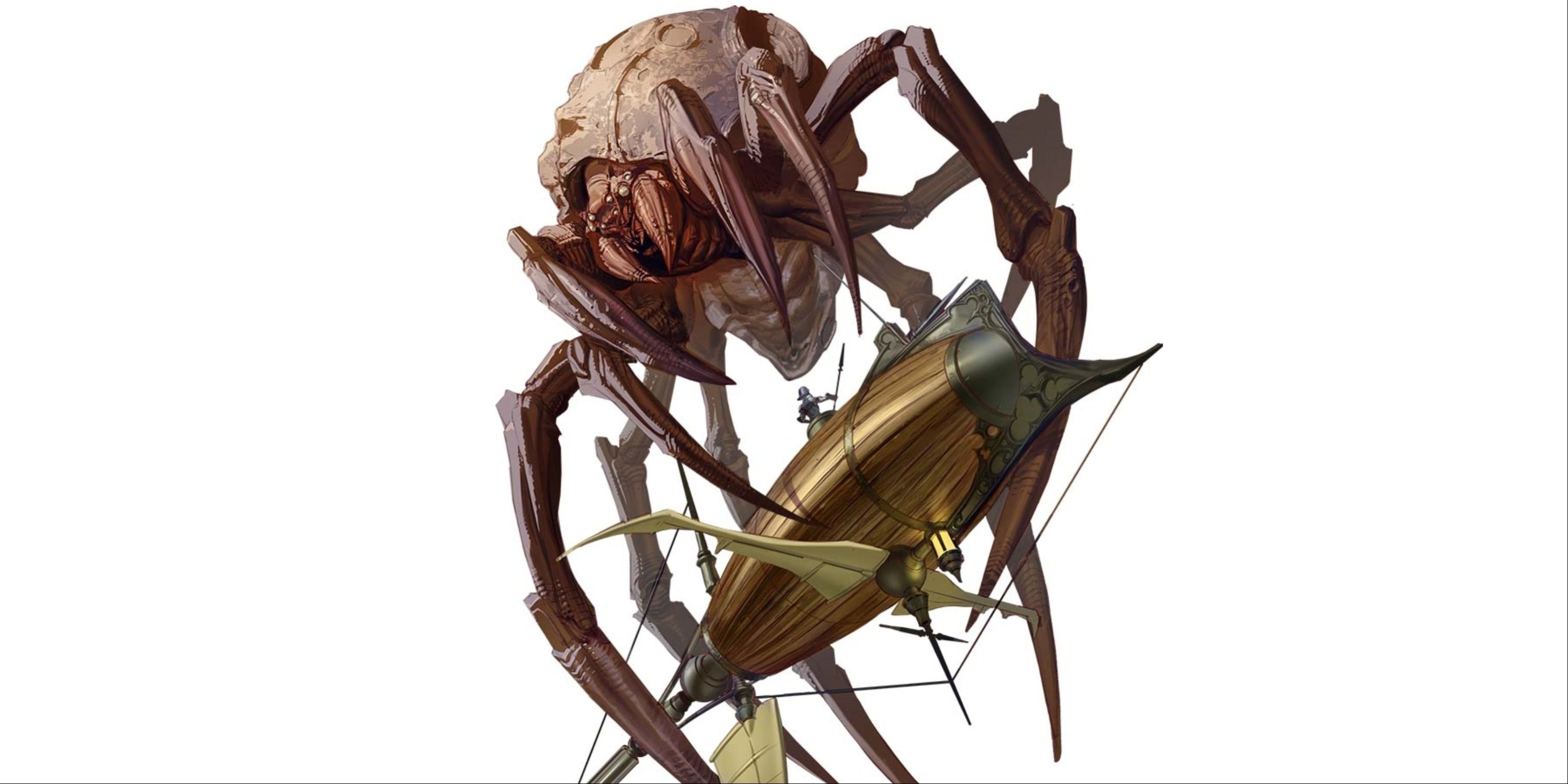 A gigantic spider with a rocky shell pulls a flying ship into its clutches.