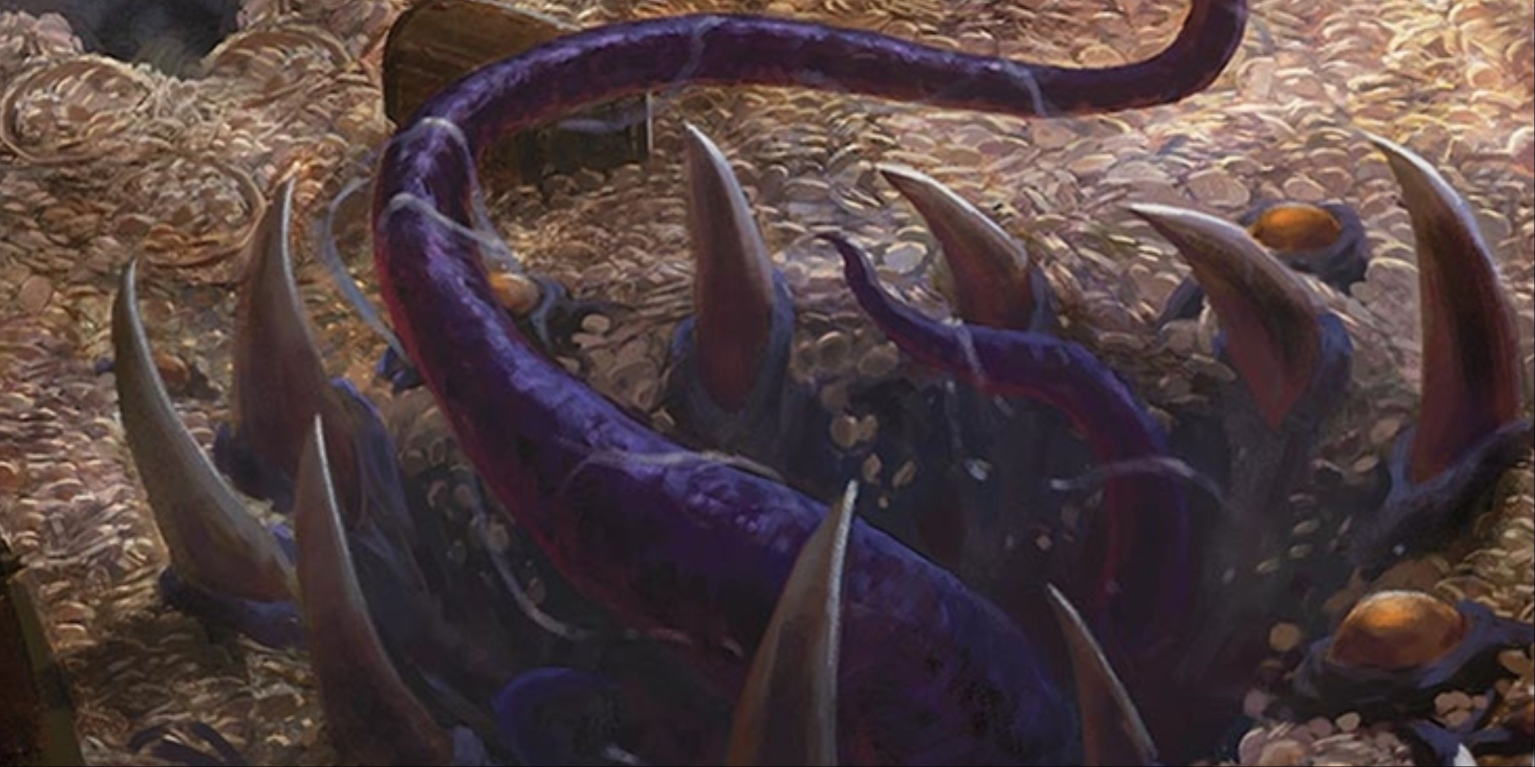 A trove of gold coins tumbles into a monstrous mouth of fangs and tentacles emerging from within it.