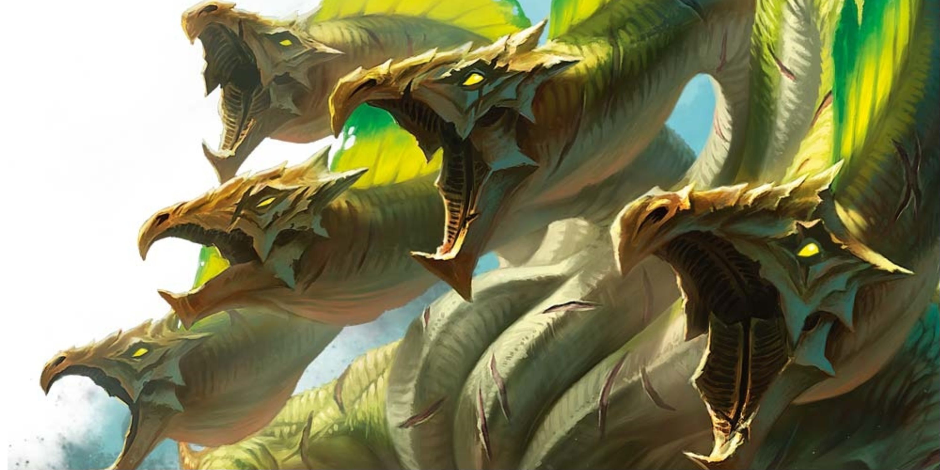 A gigantic green hydra, each of its heads roaring.