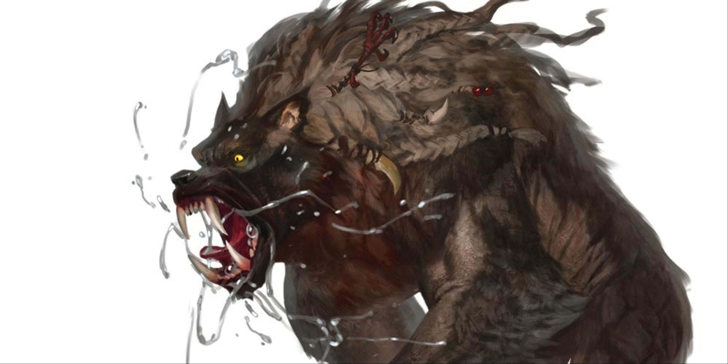 A snarling brown werewolf with blood stained fur.