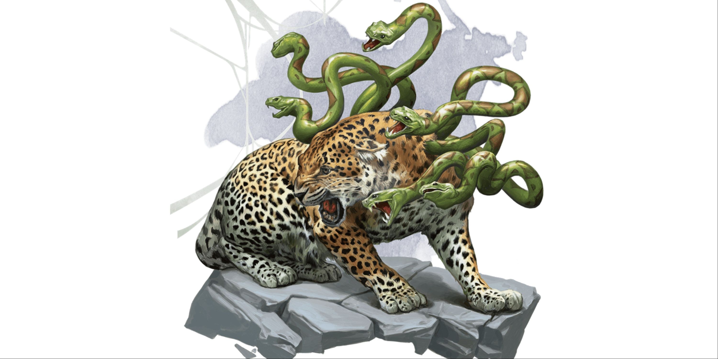 A leopard with half a dozen green snakes growing out of its shoulders.