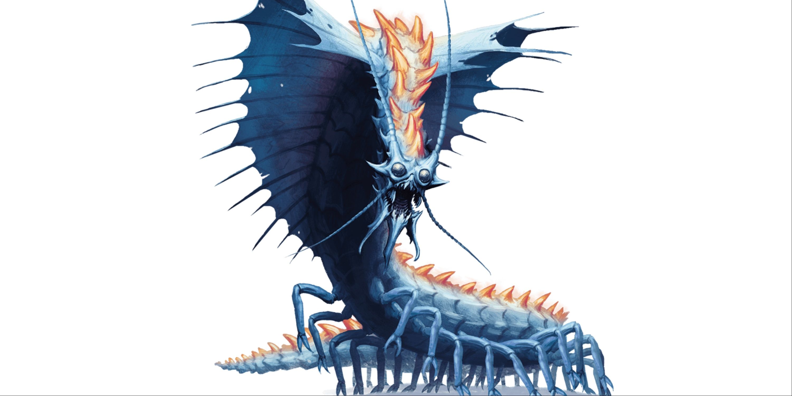 A giant blue centipede-like creature with a double row of orange spikes running down its back.