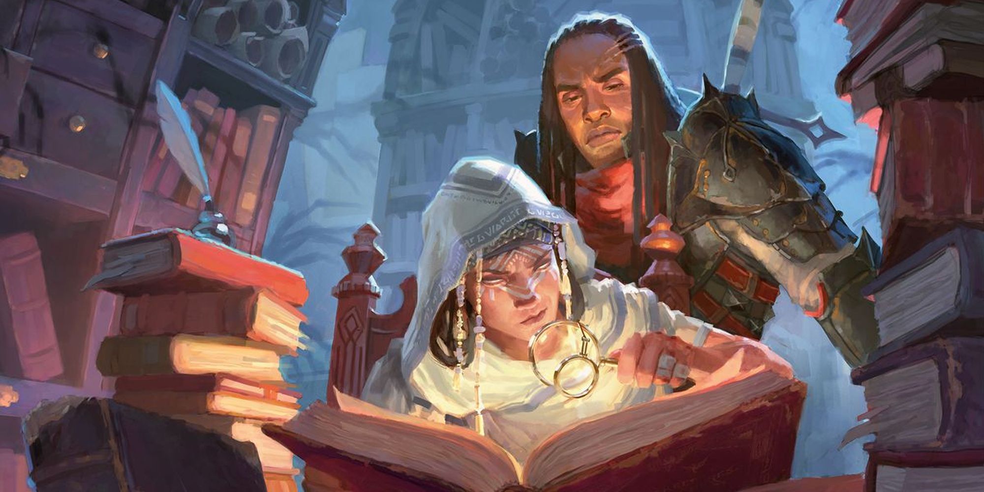 Dungeons & Dragons art of a Spellcaster And Companion Reading Through Tomes.