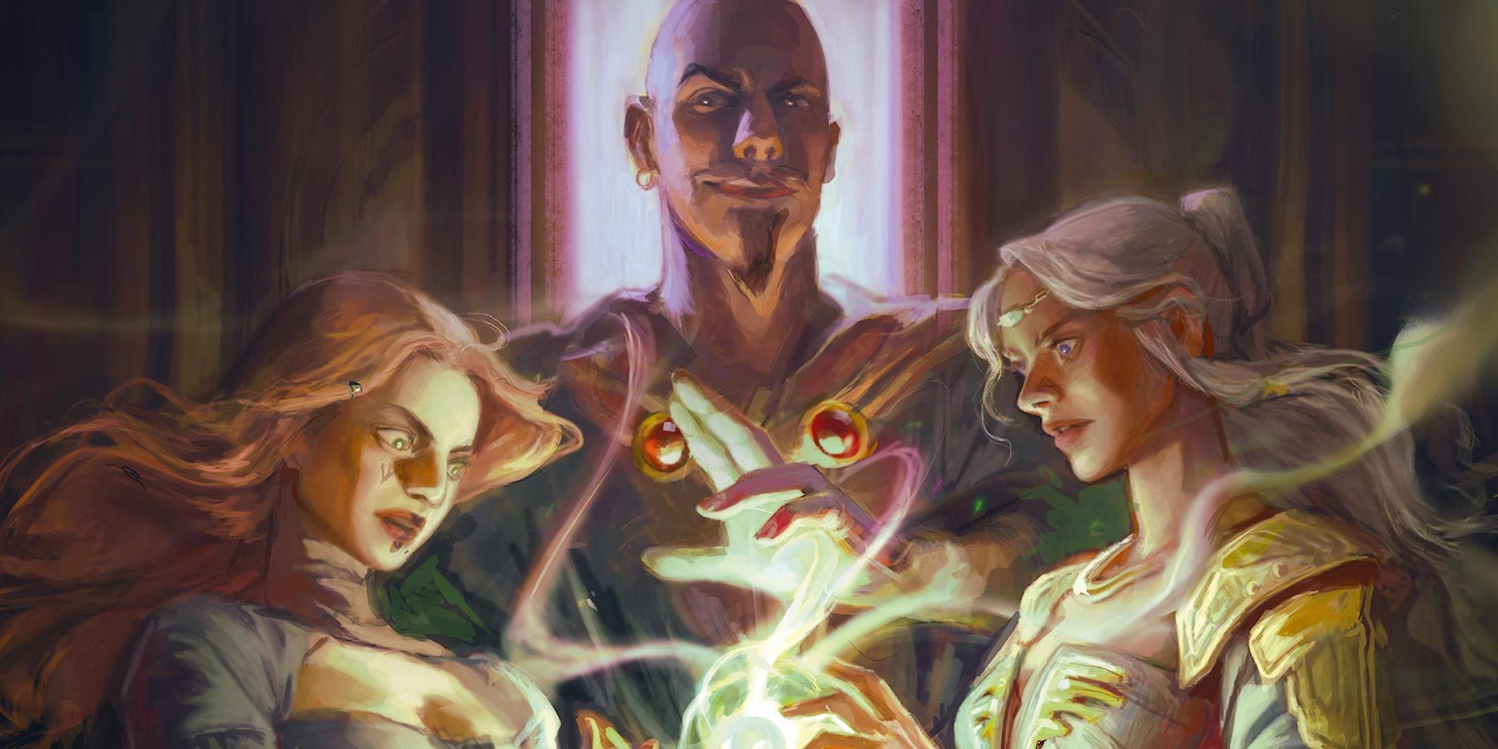 The Wizards Three cast a wish spell while Mordenkainen looks suspiciously off to the side.