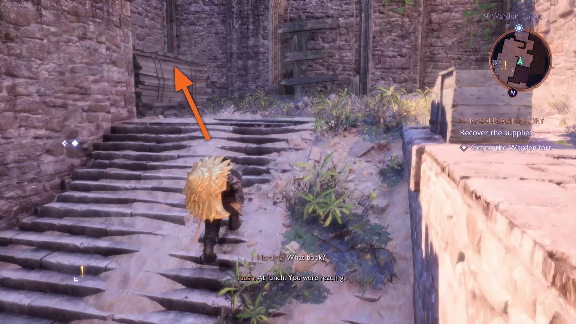 Dragon Age The Veilguard Warden Vault lock arrow pointing out how to get to castle upper wall