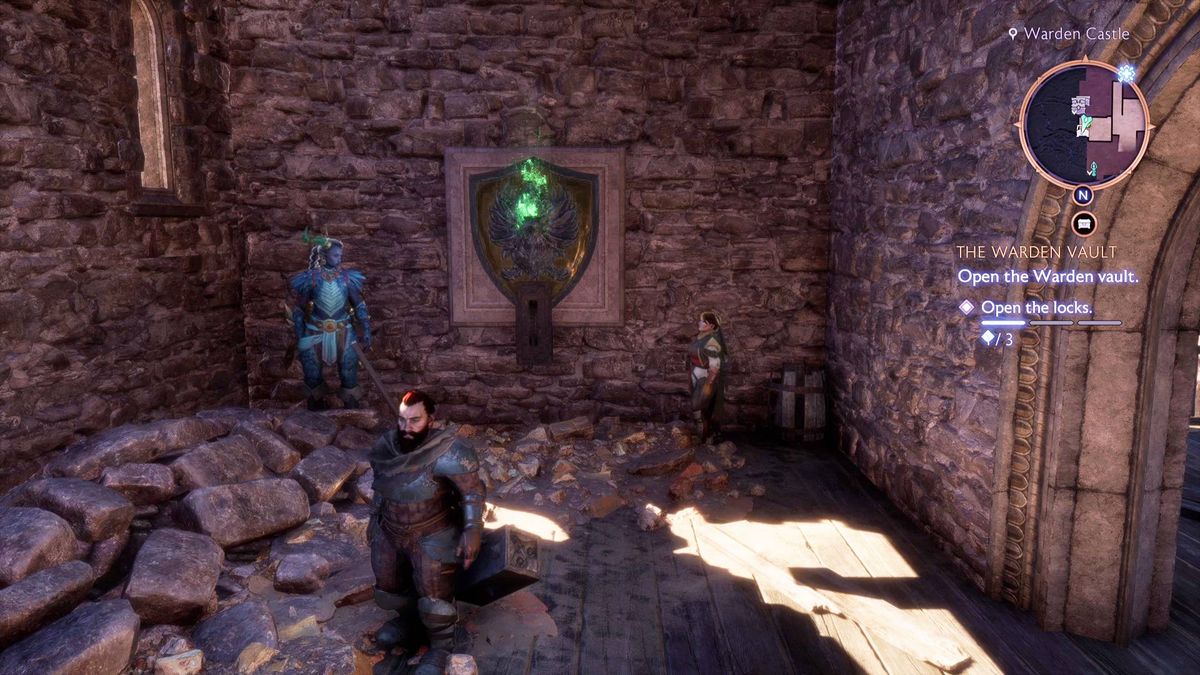 Dragon Age The Veilguard Warden Vault rook and companions standing in front of vault seal