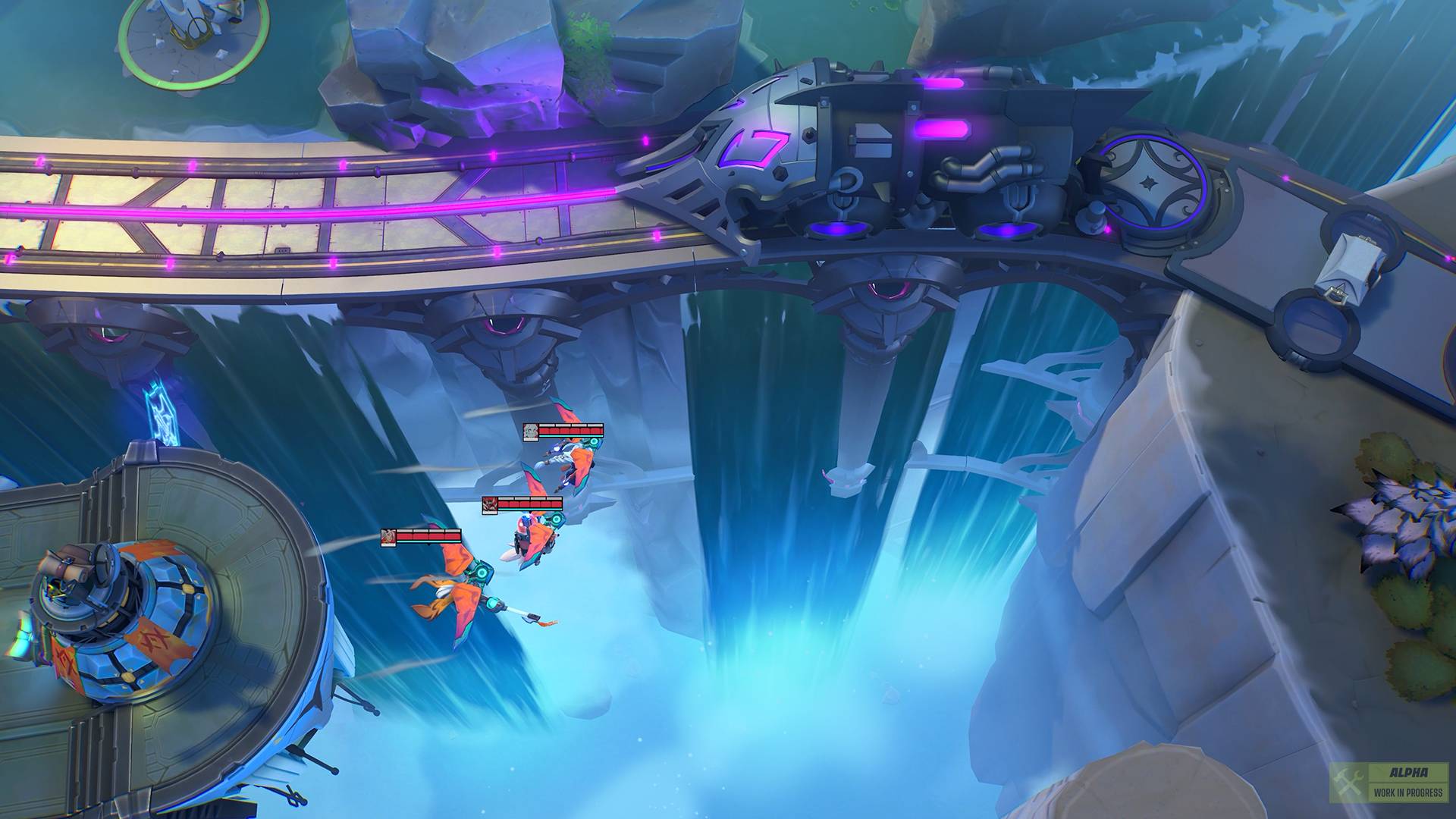 A trio of players using gliders fly across a huge open chasm as a futuristic train drives past