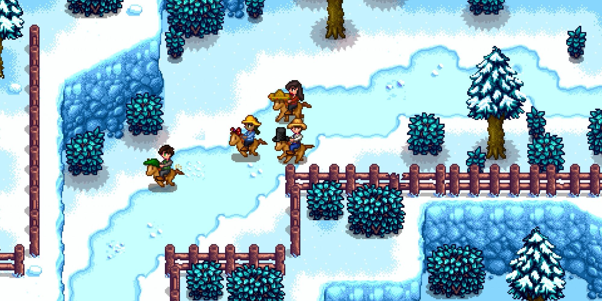 Four players riding on horses during the Winter. 