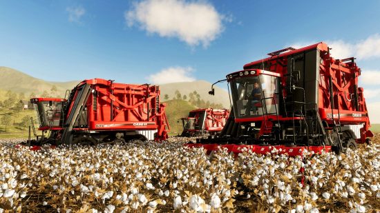 Combine harvesters in a field in Farming Simulator 19, one of the best management games