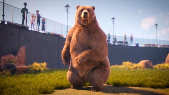 Best management games: a bear standing on its hind legs while in captivity in Planet Zoo.