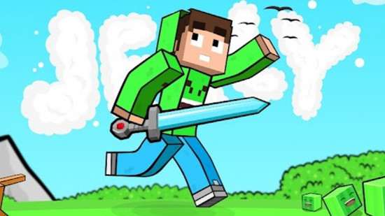 A drawing of a Minecraft avatar in a green hoody standing in front of the work Jelly written in clouds, promoting the channel of one of the best Minecraft YouTubers.