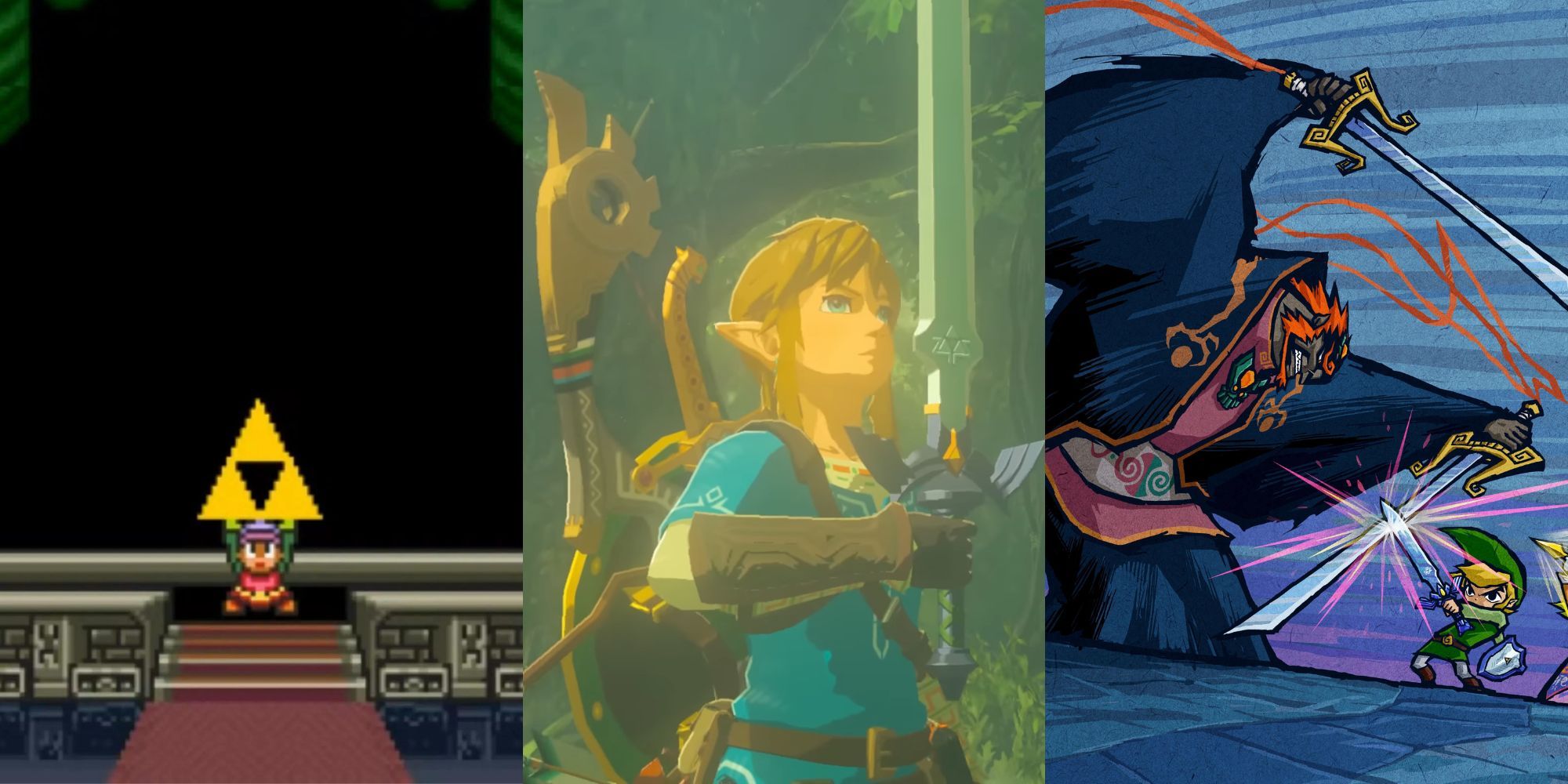 A collage of some of Link's greatest acheivements: Forming the Triforce in A Link to the Past, Obtaining the Master Sword in Breath of the Wild and defeating Ganondorf in Wind Waker.