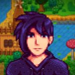 Stardew Valley character Sebastian, a young man with long black hair and dark eyes, staring ahead of a blurred farm backdrop