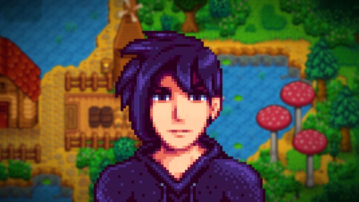 Stardew Valley character Sebastian, a young man with long black hair and dark eyes, staring ahead of a blurred farm backdrop