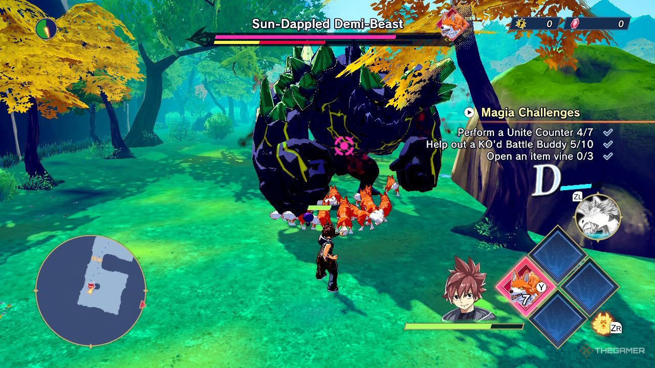 The player is battling the Sun-Dappled Demi-Beast in Farmagia