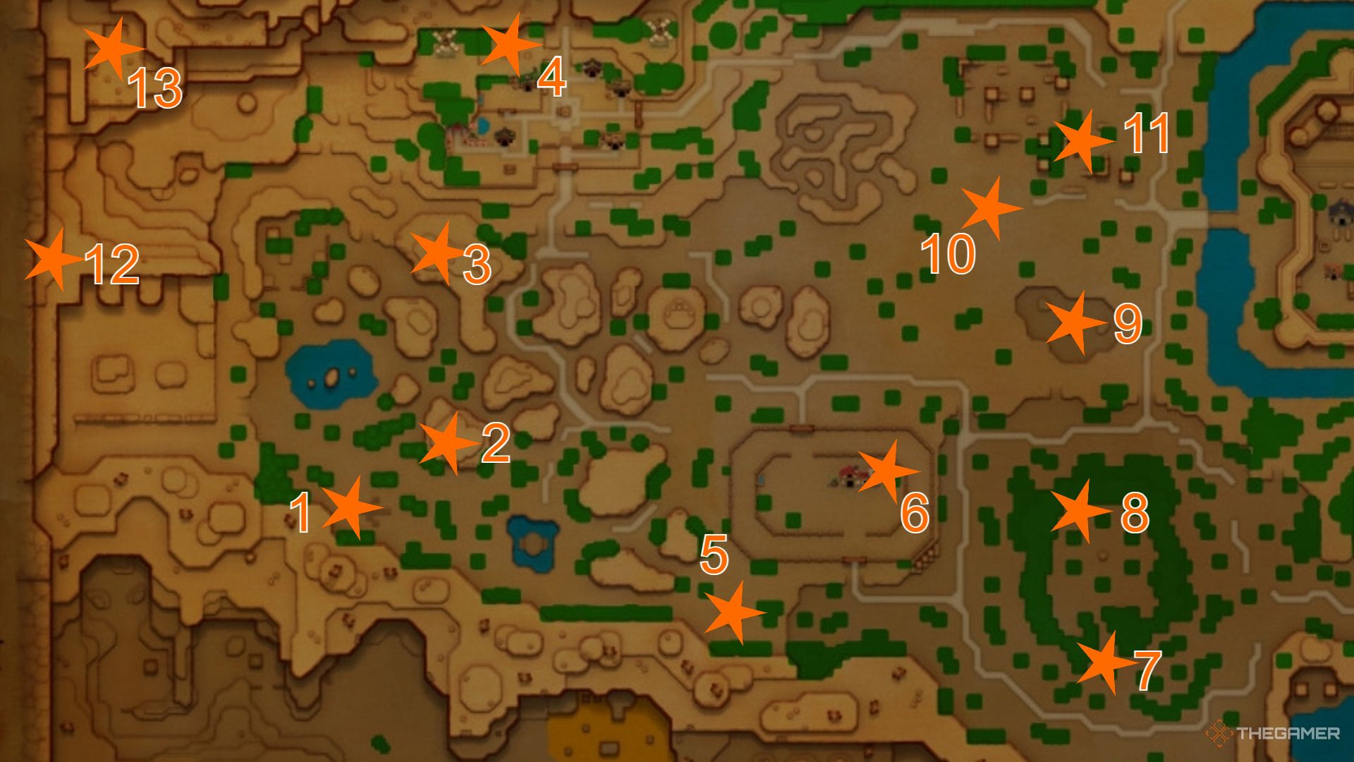 A map showing Might Crystals found in Western Hyrule Field.