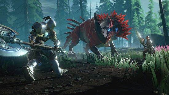 Best games like Monster Hunter: two hunters are surrounding an Embermane in Dauntless.