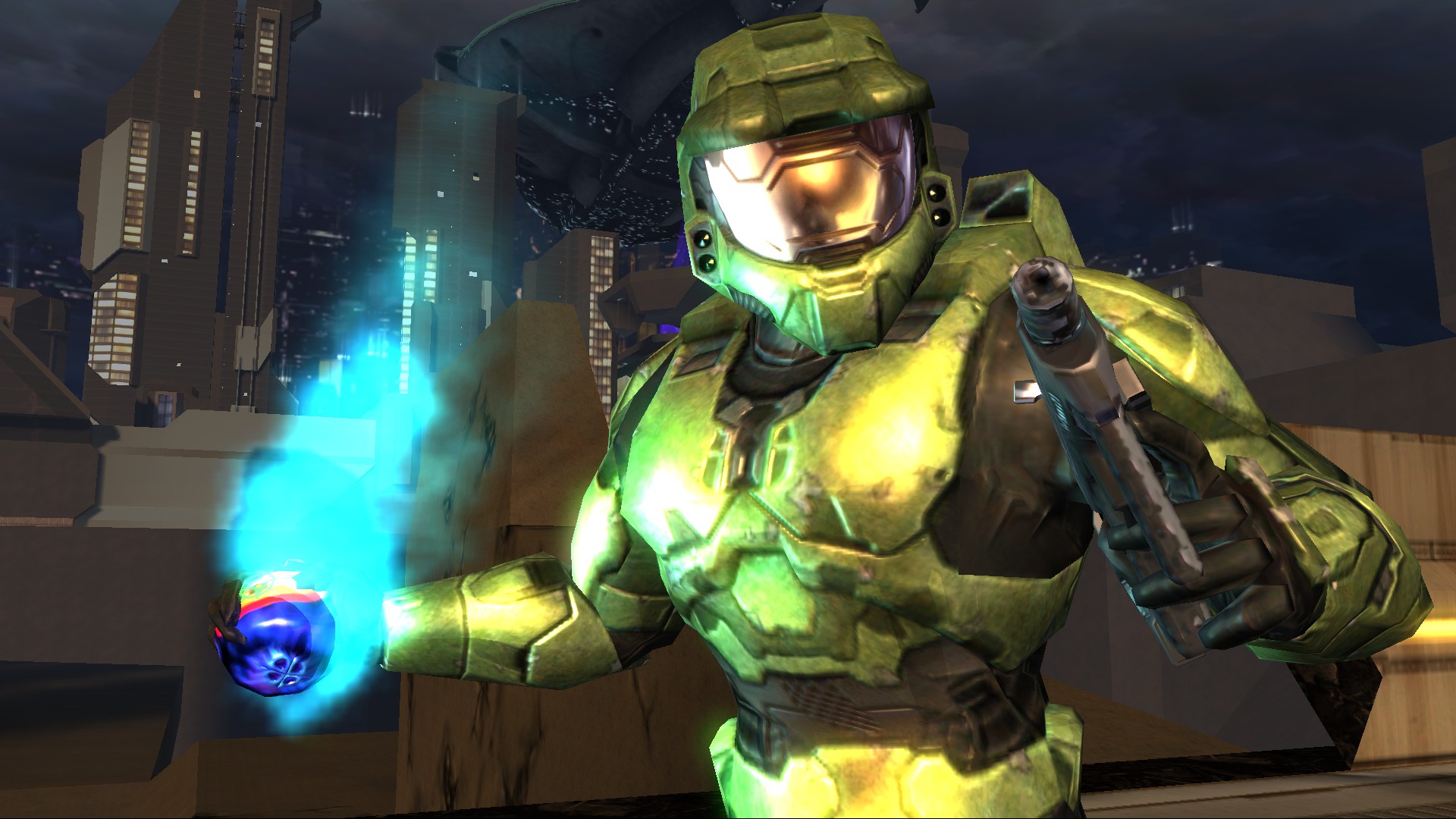 Screenshot from Halo 2 of Master Chief holding a plasma grenade