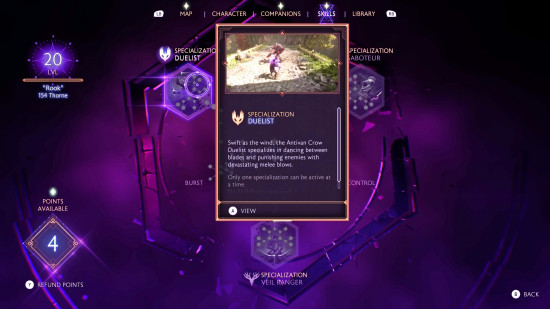 The Duelist specialization selected on the Dragon Age The Veilguard skill tree.