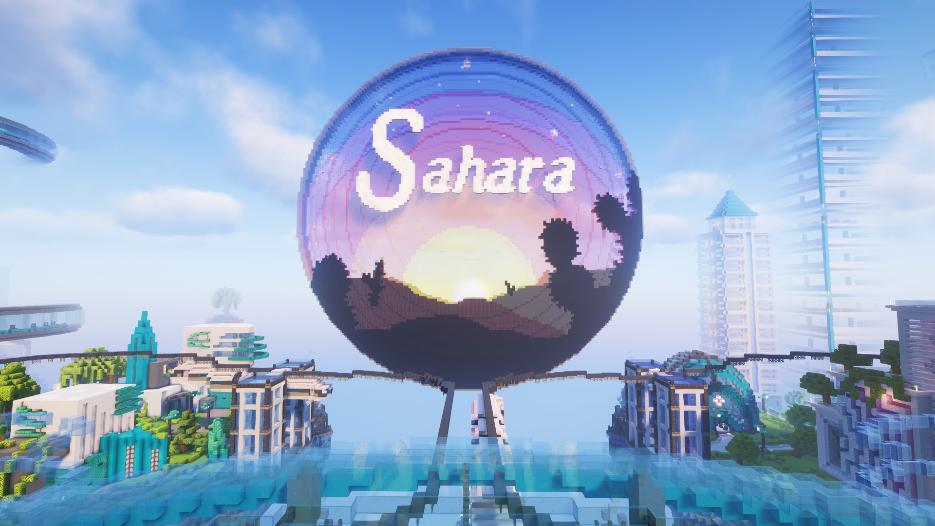 An image of the lobby in Sahara showing the word 'Sahara' in pixel art, one of the best Minecraft servers.