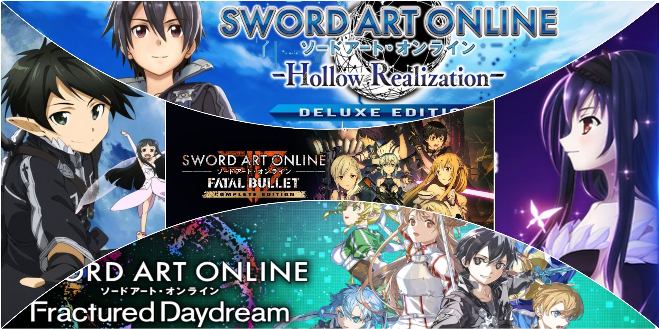 Accel World vs Sword Art Online, Sword Art Online Fractured Daydream, Sword Art Online Hollow Realization, Sword Art Online Fatal Bullet, Sword Art Online Lost Song key art collage