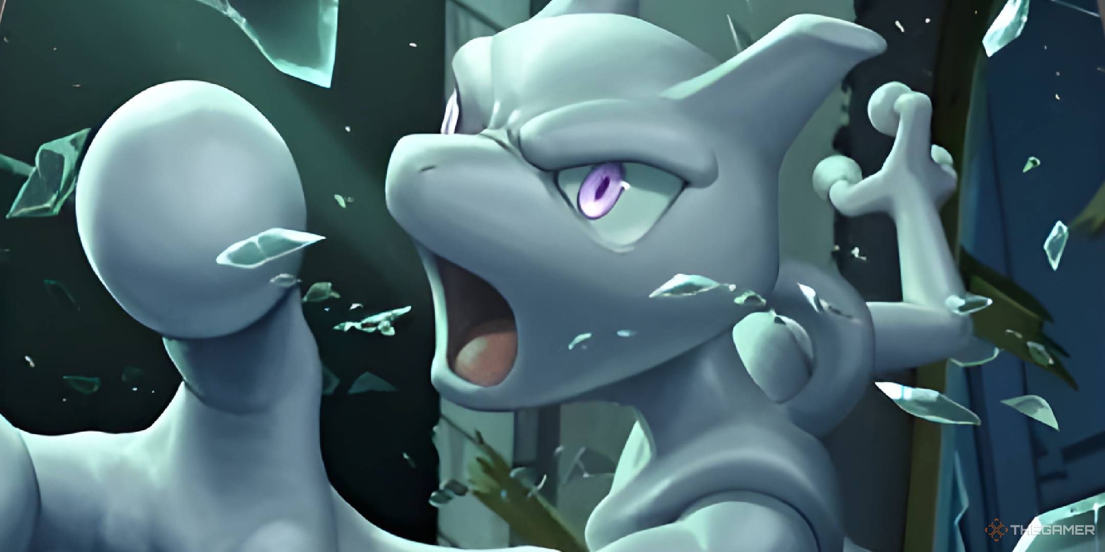 Mewtwo breaking out of containment, surrounded by shards of broken glass.