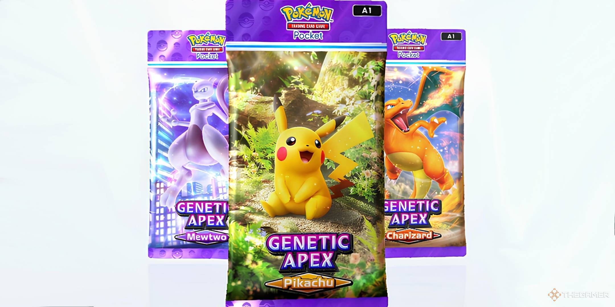 The Genetic Apex Pikachu pack, flanked by the Charizard and Mewtwo packs.