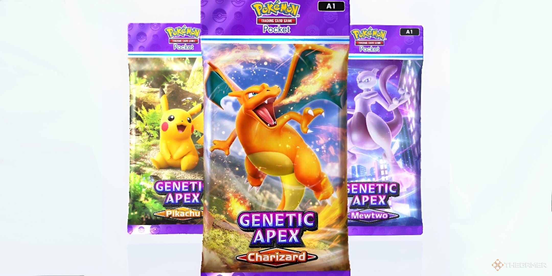 The Genetic Apex: Charizard pack, flanked by the Mewtwo and Pikachu packs.