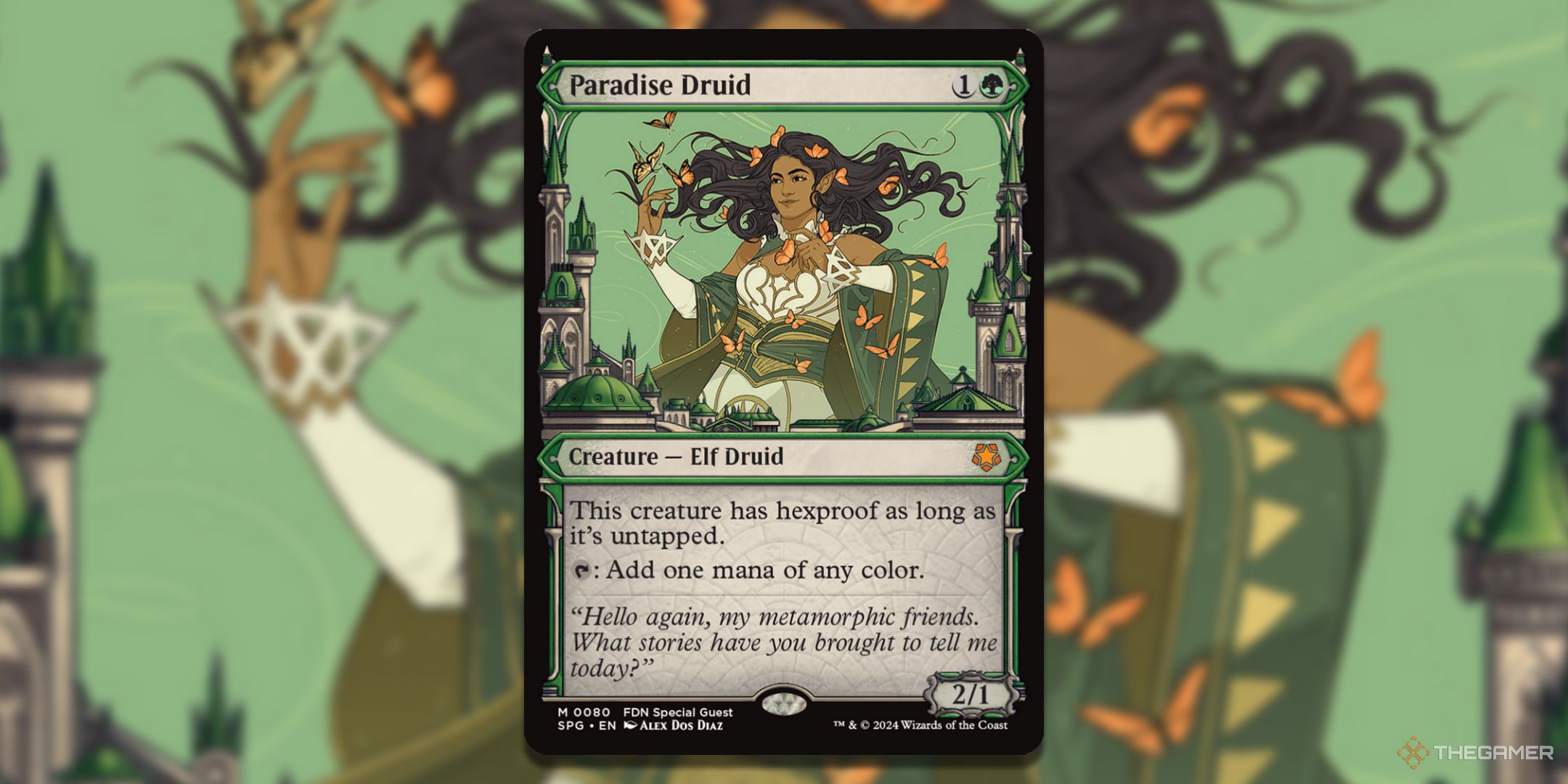 MTG Paradise Druid card with the art in the background.