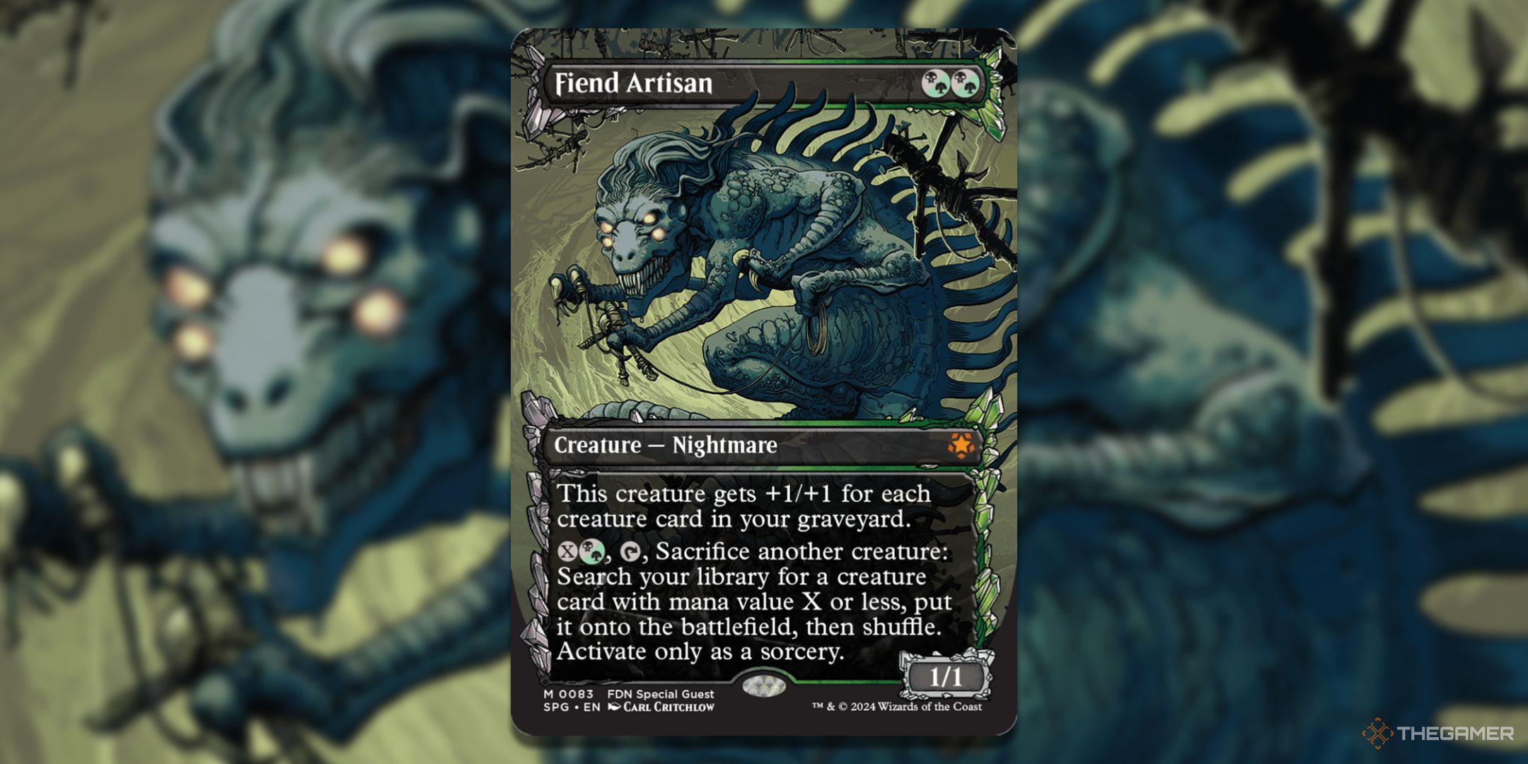 MTG Fiend Artisan card with the art in the background.