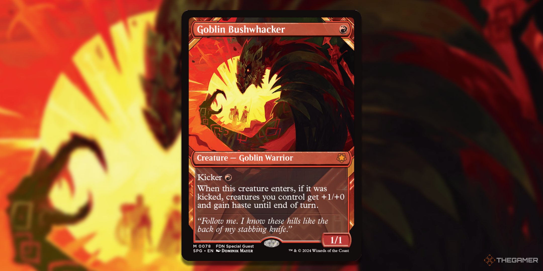 MTG Goblin Bushwhacker card with the art in the background.