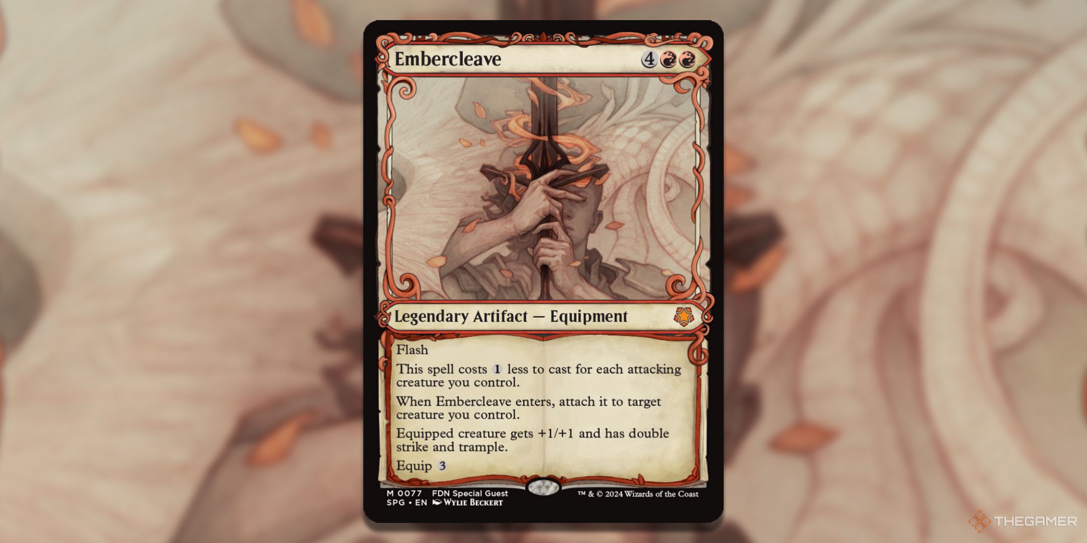 MTG Embercleave card with the art in the background.