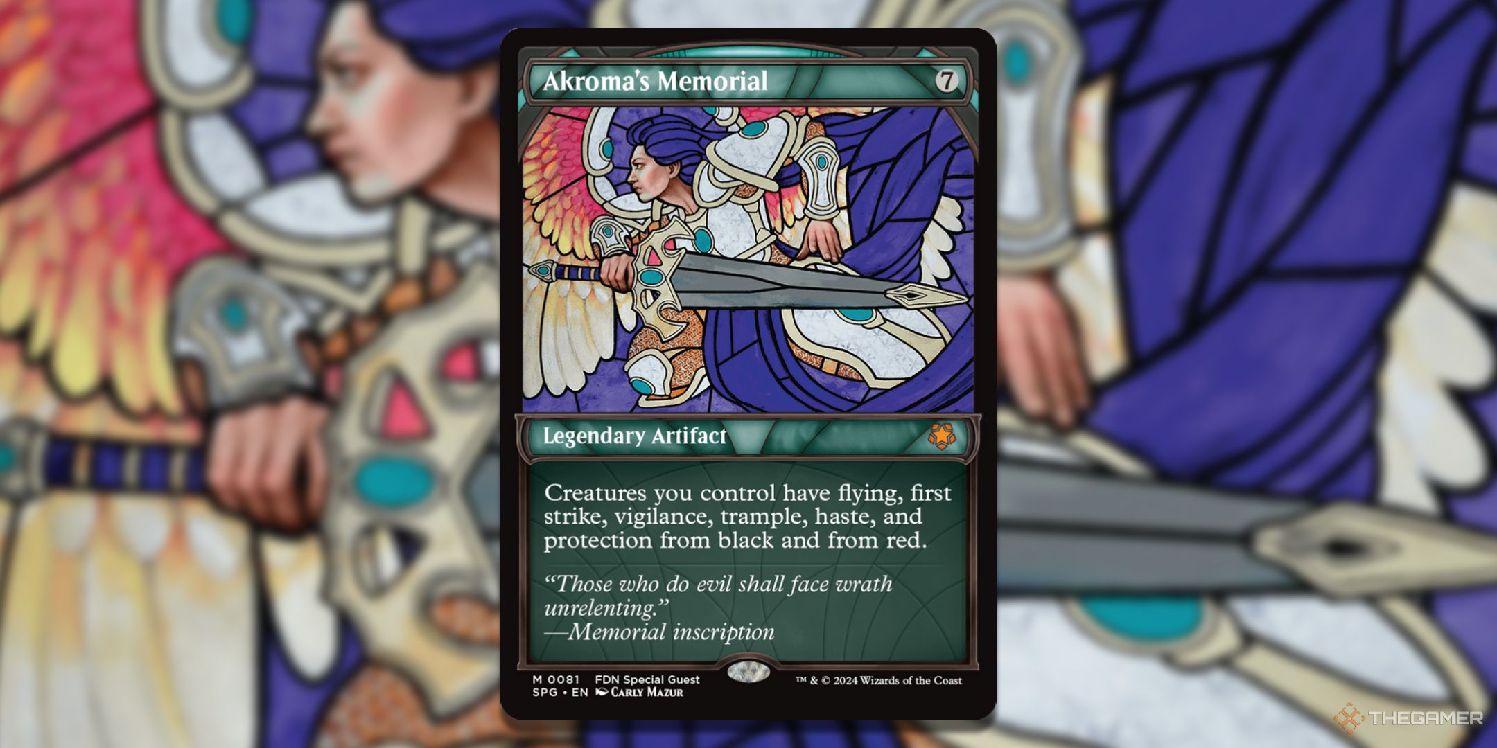 MTG Akroma's Memorial card with the art in the background.