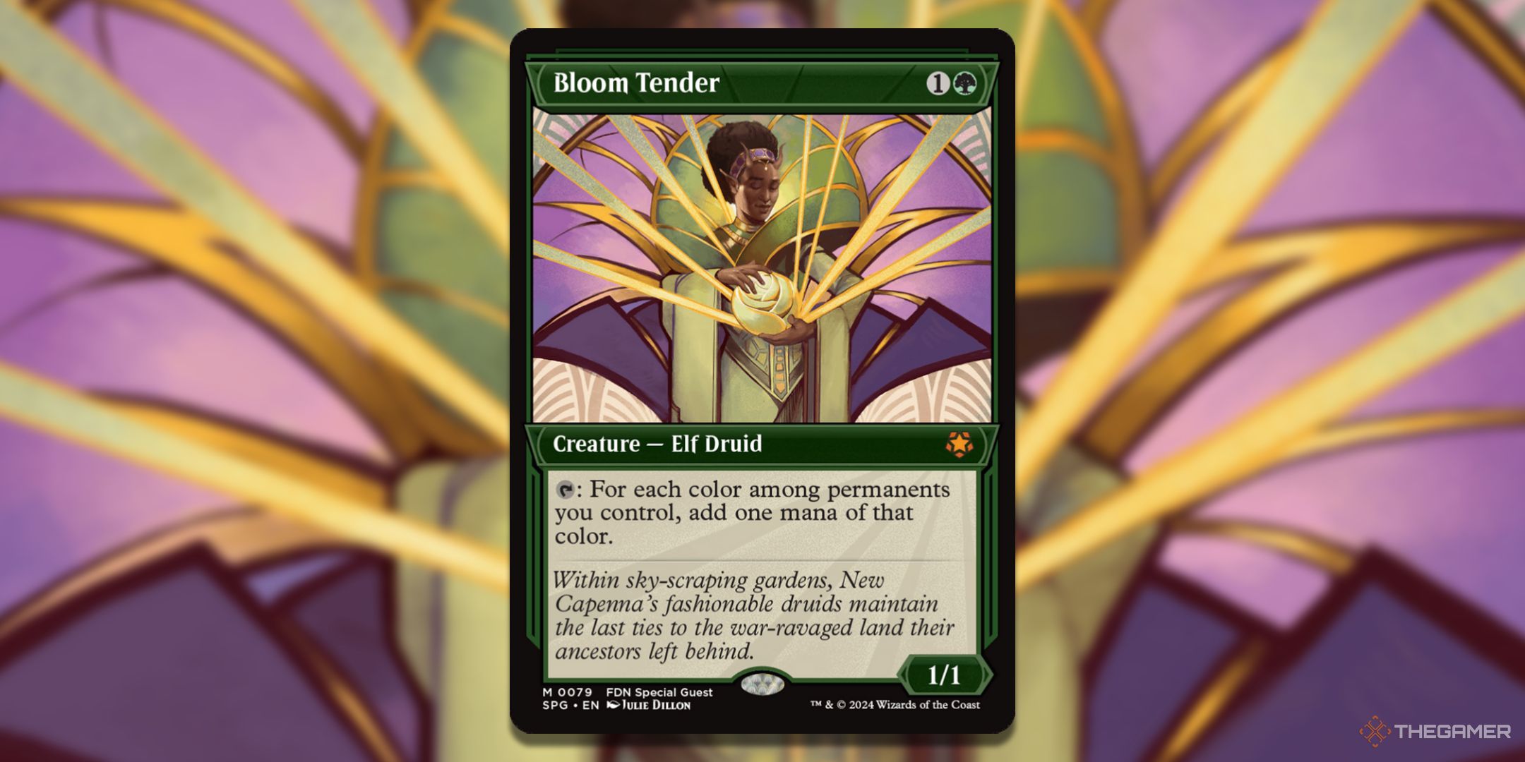 MTG Bloom Tender card with the art in the background.