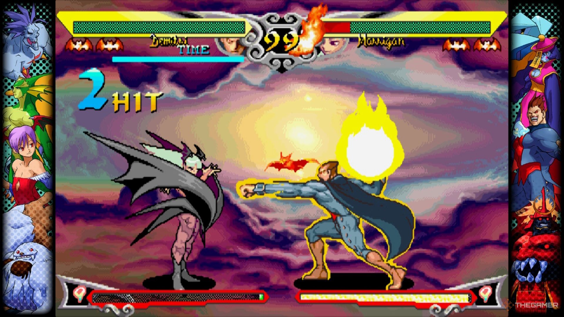 Dimitri sends a flaming bat toward Morrigan while his Dark Force ability is activated in Vampire Savior.